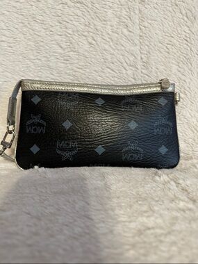 MCM Blue Leather Wristlet with Silver Trim